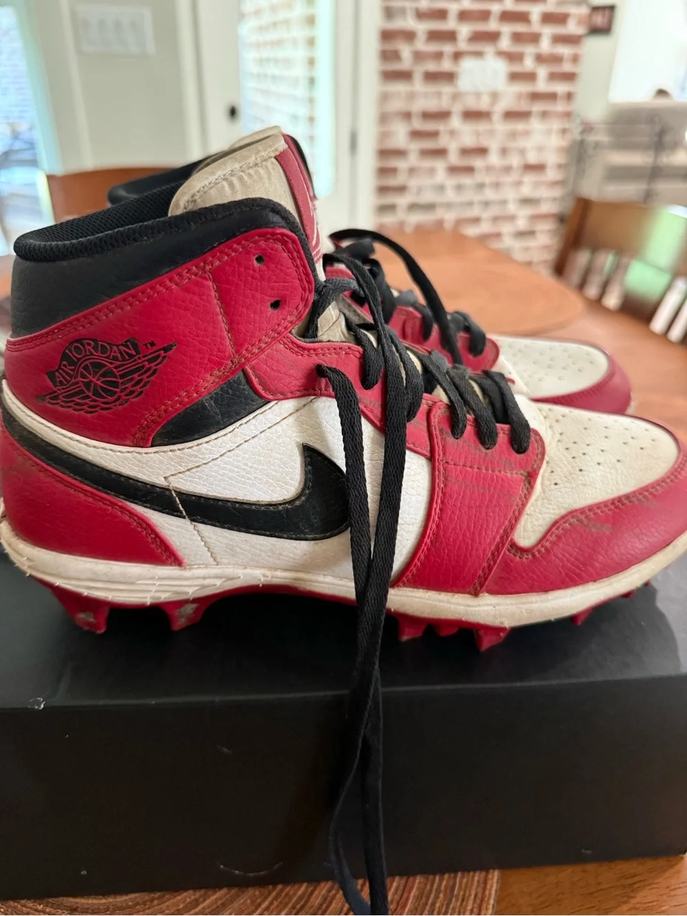 Jordan Mens Red and White High-Top Football Cleats with Black Laces